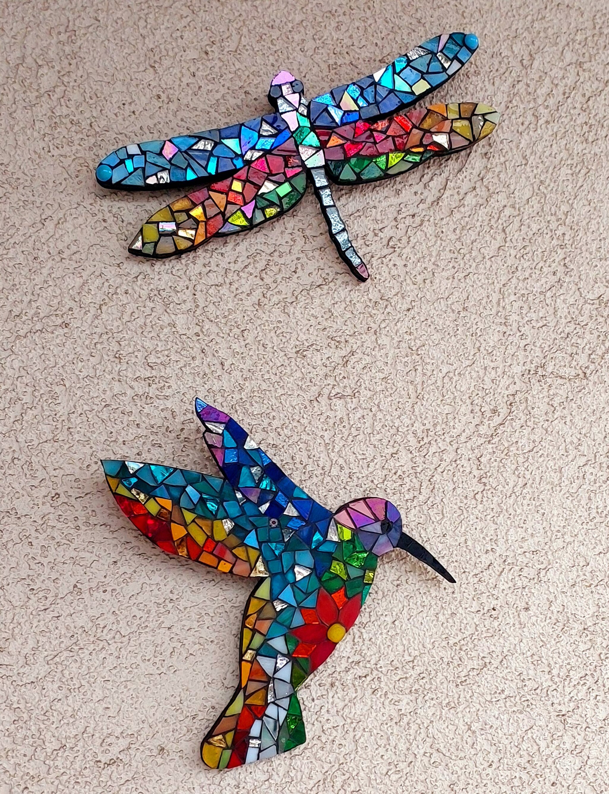 Rainbow Hummingbird and Dragonfly Customizable Colorful Glass Mosaic Mesmerizing Wall Art