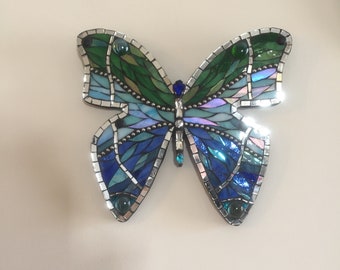 Blue Butterfly - 3 colors - unique and colorful glass mosaic - mesmerizing wall art - customizable and handmade  - shiny home decoration