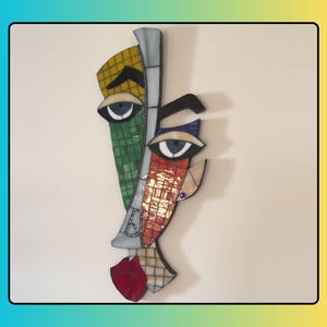 Picasso face cubist wall hanging, glass mosaic man sculpture, modern wall art, handmade decor gift, abstract funny pop decor, mosaic art