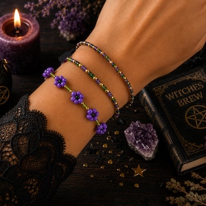 Witch's Brew Bracelet Stack, Handmade Halloween Jewelry with Purple Flowers and Gold Seed Beads
