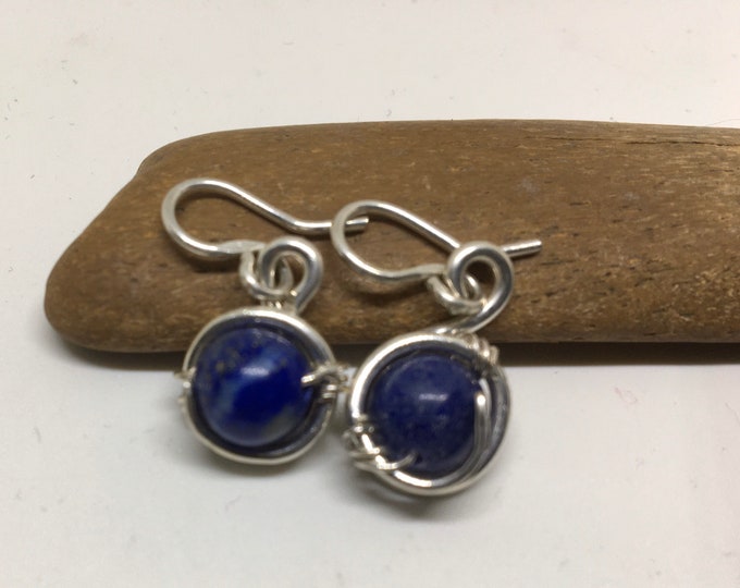 Lapis lazuli stone wrapped with silver handmade earrings