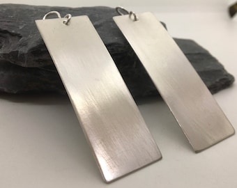 Handmade Long Rectangular Sterling Silver Statement Earrings
