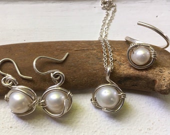 Pearl wrapped in sterling silver set with earrings, pendant and ring. Minimalist style. Gift for her. Handmade jewellery.