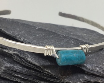Turquoise and sterling silver minimalist handmade bangle. Gift for her