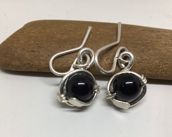 Handmade Onyx stone wrapped with silver earrings gift for her