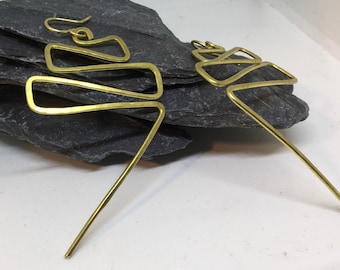 Zig zag  big hammered brass earrings  statement jewellery. Gift for her