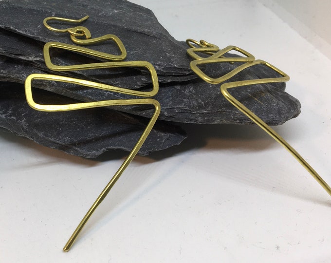 Zig zag  big hammered brass earrings  statement jewellery. Gift for her