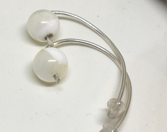 Mother of pearl June birthstone half hoop handmade minimalist earrings