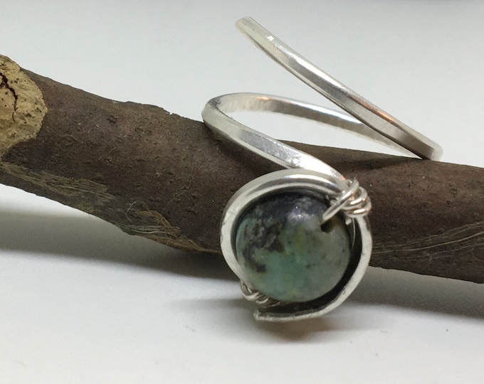 Handmade Adjustable ring with Turquoise African jasper stone wrapped with sterling silver. Minimalist style gift for her