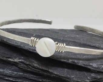 Mother pearl silver handmade thin bangle. Minimalist bracelet. Gift for her