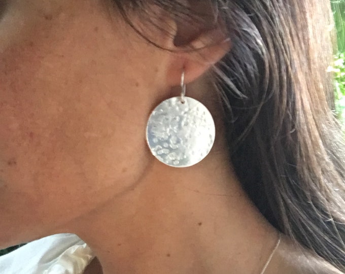 Big sterling  silver disk earrings. handmade earrings. Hammered silver . Gift for her