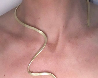 Handmade Wavy abstract serpent brass adjustable chocker. Hammered to give texture. Gift for her. Statement jewellery.