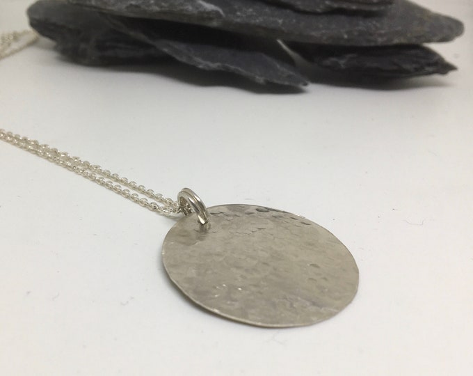 Sterling silver disk 3 cm diameter. Handmade circle  pendant gift for her. Hammered to give texture