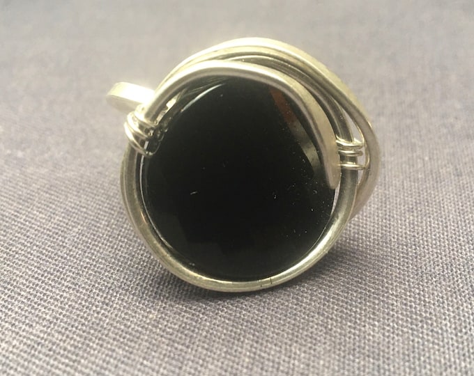 Handmade black onyx and silver statement adjustable  ring. Gift for her. Birthday gift