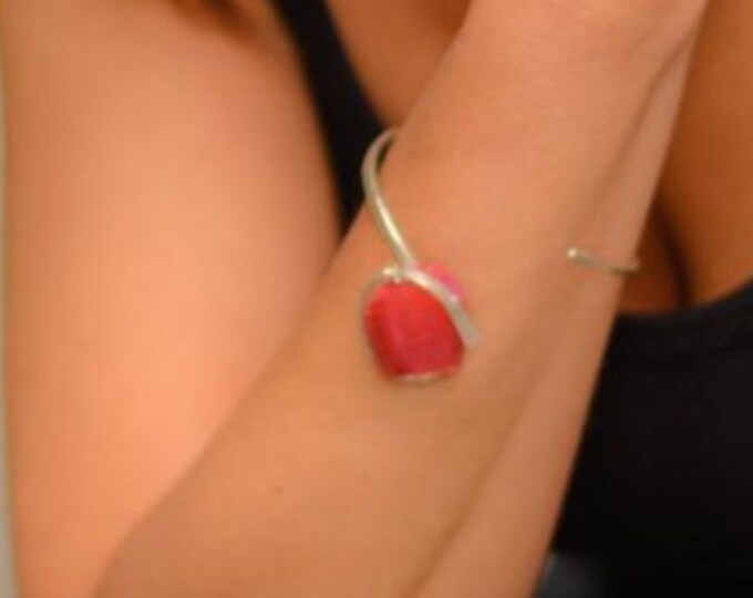 Handmade  sterling silver and pink Agate Stone statement bangle