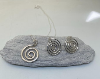 Handmade set of sterling silver spiral earrings and pendent