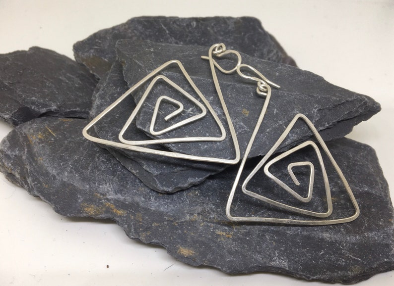 Handmade Geometric Triangle sterling silver earrings. Gift for her. image 2