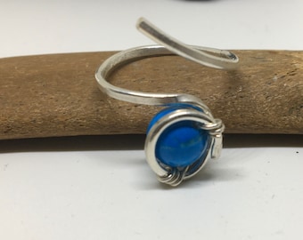 Adjustable Turquoise December birthstone wrapped with silver handmade ring