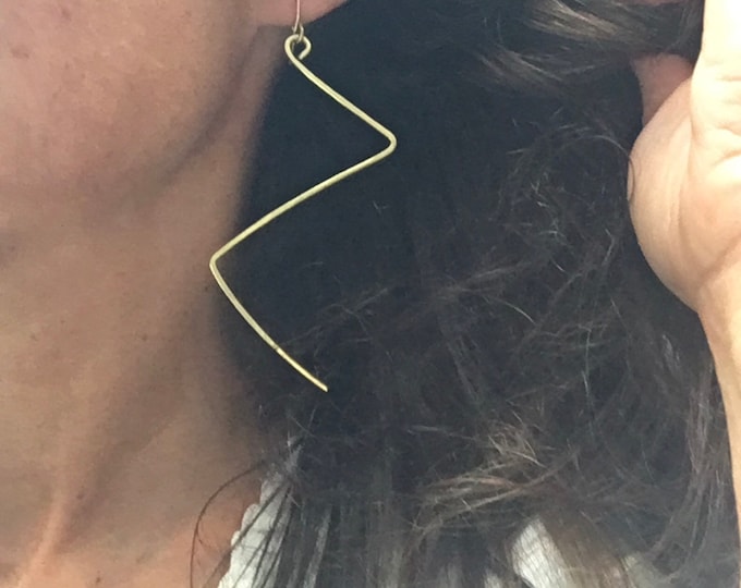 Statement zig zag brass handmade earrings. Gift for her