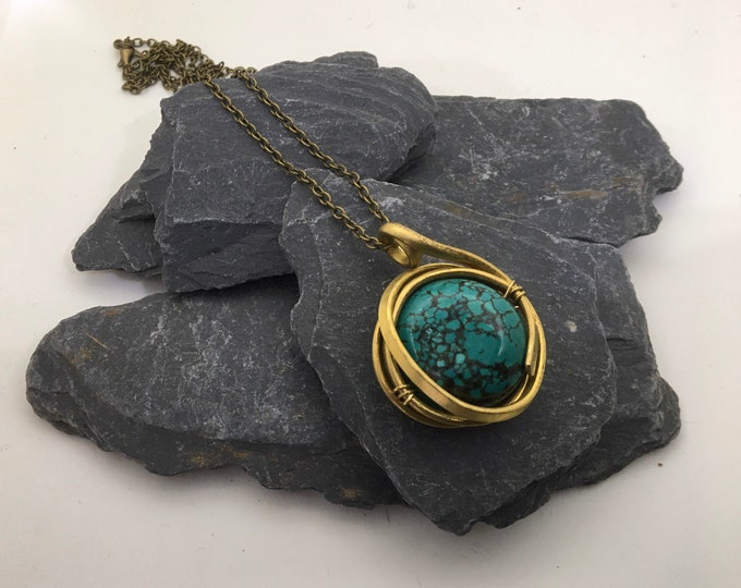 Handmade Turquoise and brass round statement pendant. Gift for her