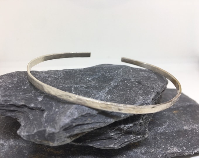 Handmade Sterling silver band  hammered minimalist thin bangle. Gift for her.