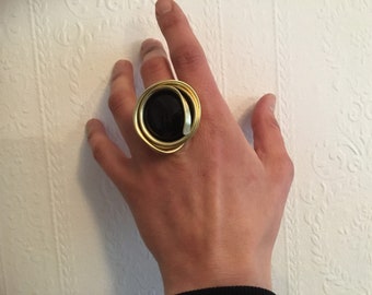 Statement Onyx and brass round handmade adjustable ring. Gift for her