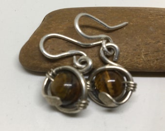 Tiger eye wrapped with sterling silver handmade earrings. Gift for her.