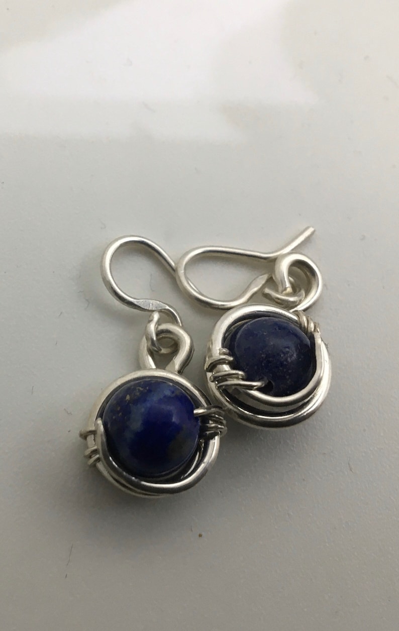 Lapis lazuli stone wrapped with silver handmade earrings