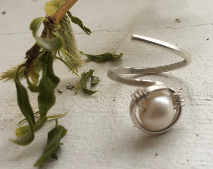 Adjustable silver and Pearl ring, handmade sterling silver and pearl ring. gift for her
