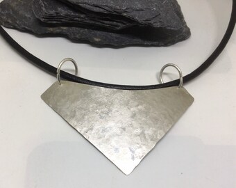 Geometric handmade silver statement necklace with leather. Gift for her. Birthday gift