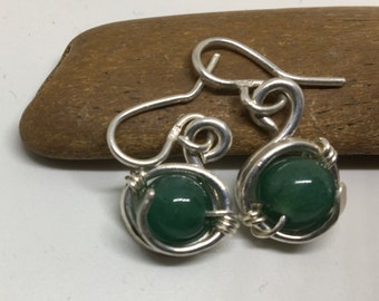 Jade gemstone wrapped with silver handmade earrings. Gift for her