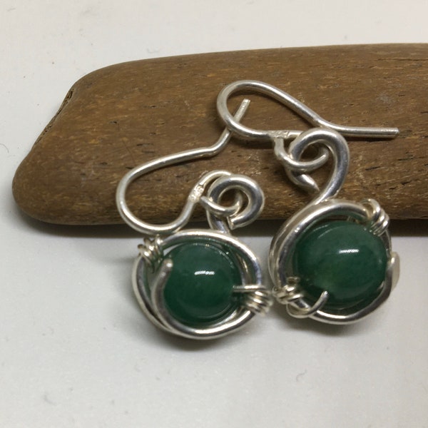 Jade gemstone wrapped with silver handmade earrings. Gift for her