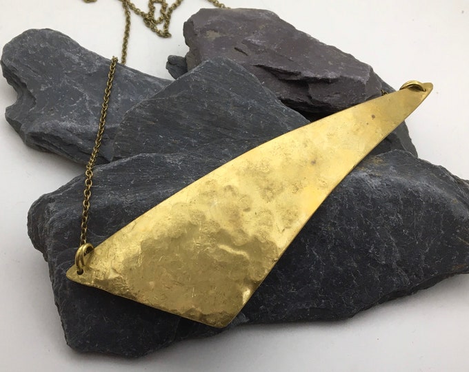 Statement big triangular hammered brass handmade  necklace. Geometric necklace. Gift for her