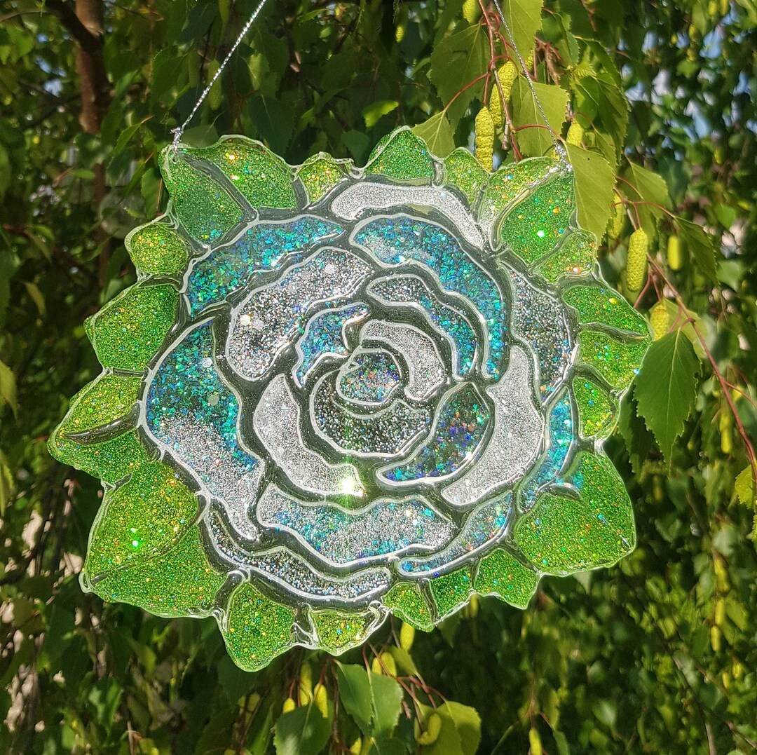 Clear Silver Rose Flower Suncatcher Ornament for Hanging, Handmade Home and Garden Decor