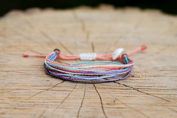Bracelet Multi Stringed, Shell Charm, Polyester Waxed Cord, Coral, Blue,  Purple, White, Green, Rainbow, Beach Bracelet. 