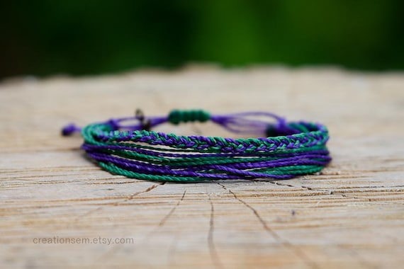 Multi Strand Bracelet, With Green, Purple, Braided and Waxed