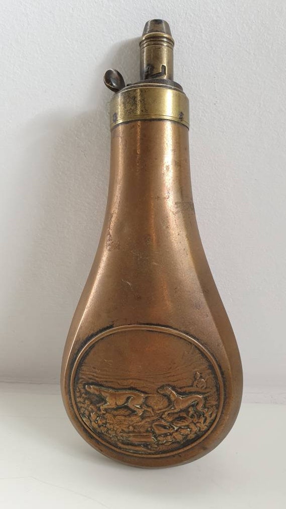 Vintage 19th Century James Dixon & Sons Sheffield Embossed Brass Gunpowder  Flask 