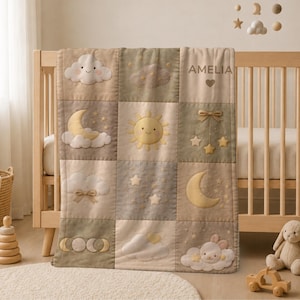 Personalized Patchwork Baby Blanket with Name • Sun Moon Stars Quilt Look Baby Blanket • Neutral Nursery Decor • Newborn Gift