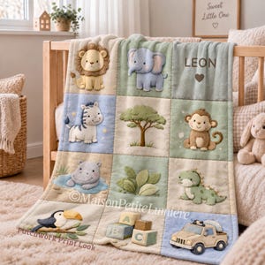 Safari Animal Baby Blanket with Name, Personalized Jungle Quilt Gift Gender Neutral, Custom Zoo Nursery Decor, Patchwork Look Print