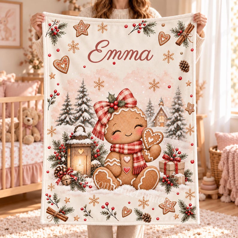 Gingerbread baby blanket with name held up in a nursery, showing a gingerbread girl with a red gingham bow and scarf among snowy pine trees, a lantern and presents.