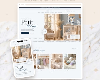 May include: A Shopify theme website layout for a baby and kids boutique named Petit Nuage, displayed on a desktop browser and a mobile phone screen. The design features soft neutral tones, nursery imagery, and product categories for clothing, sleep, and toys.