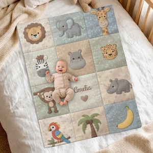 Personalized Jungle Baby Blanket with Name • Monkey Parrot Safari Quilt Look • Neutral Nursery Gift Baby Shower