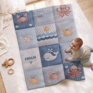 Manta de bebé personalizada con nombre, efecto patchwork, ballena, mundo marino, decoración infantil, regalo de nacimiento, bautizo, terciopelo microfibra minky