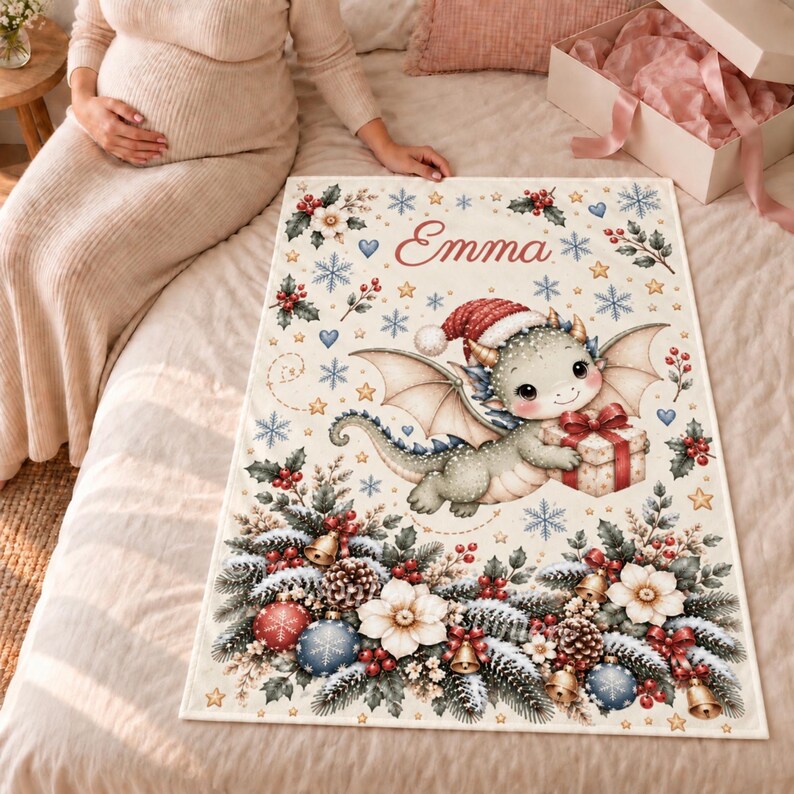May include: A rectangular cream-colored blanket featuring a central illustration of a green dragon wearing a red Santa hat and holding a gift. The name Emma is printed in red script above the dragon, surrounded by snowflakes, holly, and ornaments.