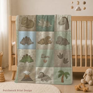 Personalized Dino Baby Blanket with Name, Dinosaur Quilt Look Patchwork Nursery Blanket, Newborn Swaddle Boy Infant Throw, Baby Shower Gift