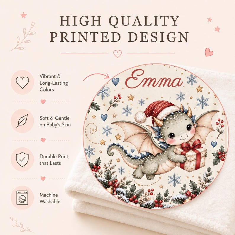 May include: A round blanket featuring a printed design of a grey dragon wearing a red Santa hat and holding a gift. The background includes snowflakes, stars, and holly berries. The text "Emma" is printed at the top. The text "HIGH QUALITY PRINTED DESIGN" is visible above the blanket, along with icons for vibrant colors, soft texture, durability, and machine washability.