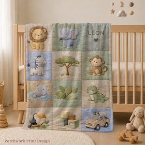 Personalized Jungle Baby Blanket with Name, Quilt Look Safari Infant Blanket, Animal Nursery Gift, Neutral Baby Shower Newborn