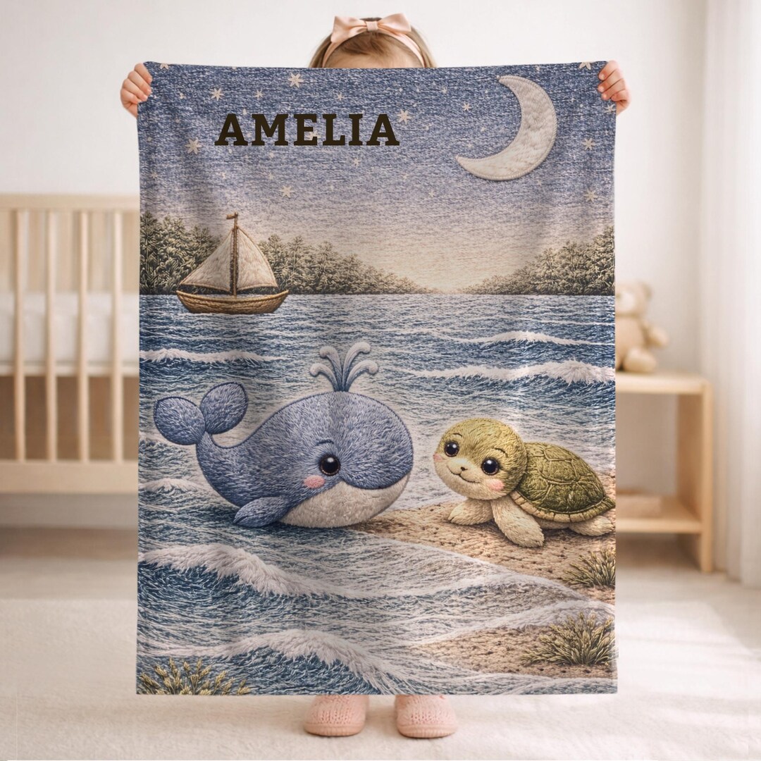 Ocean Baby Blanket With Name • Whale & Sea Turtle Nursery • Nautical ...