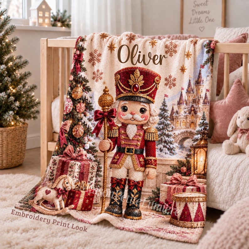 Personalized Christmas Nutcracker Baby Blanket with an embroidered-look print featuring an adorable classic Christmas nutcracker in a rich cranberry red and gold uniform, surrounded by a magical snowy Christmas landscape, fairytale castle, decorated Christmas trees, glowing lantern, presents, rocking horse, snowflakes and festive ornaments.