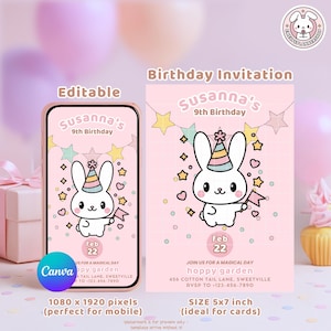 Cute Bunny Birthday Invitation Template Editable Kids Party Invite Girl Birthday Digital Download Canva Template Printable 5x7 Mobile Invite
